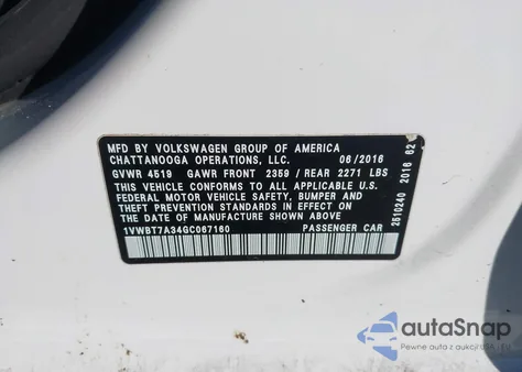 2016 Volkswagen Passat 1.8T Se z USA, uszkodzony, nr VIN 1VWBT7A34GC067160